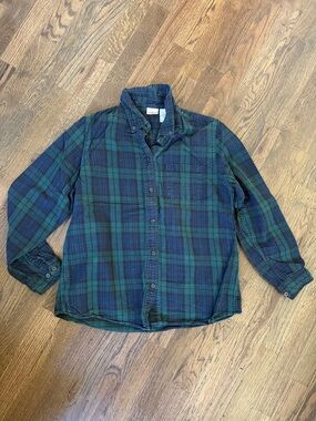 L.L. Bean Navy and Green Scotch Plaid Button-Down Flannel Shirt